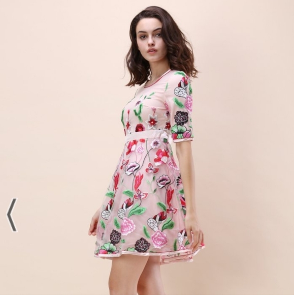Chicwish embroidered pink mesh floral short dress Medium (fits size small) prom - Picture 5 of 16